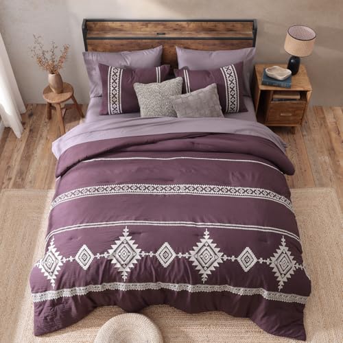 Embroidery Queen Comforter Set 7 Pieces Purple Western Bed in a Bag