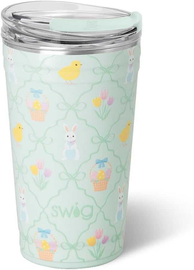 Swig Life 24oz Party Cup, Stackable Insulated Travel Coffee Tumbler with EZ Slider Lid, Cup Holder Friendly Travel, Stainless Steel 24 oz Tumbler, Reusable Mug (Hoppy Easter)