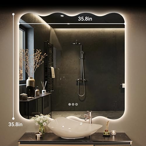 36"x36" Wavy Mirror with Lights Frameless Backlit LED Wall Mirror