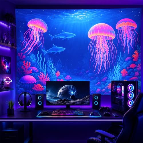 Blacklight Tapestry Jellyfish Shark Wall Art 78 x 59 Inch