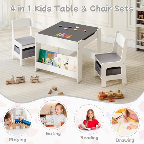 3-in-1 Wooden Kids Table & Chairs, Detachable Top & Storage, Grey