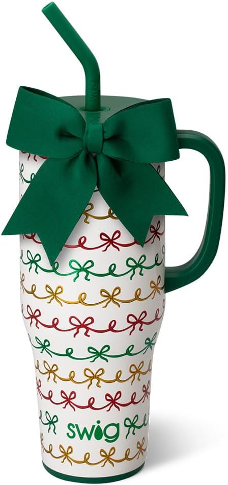 Swig Life 40oz Mega Mug, 40oz Tumbler with Handle and Straw, Extra Large Insulated Tumblers, Cup Holder Friendly Travel Mug (Christmas Bows)