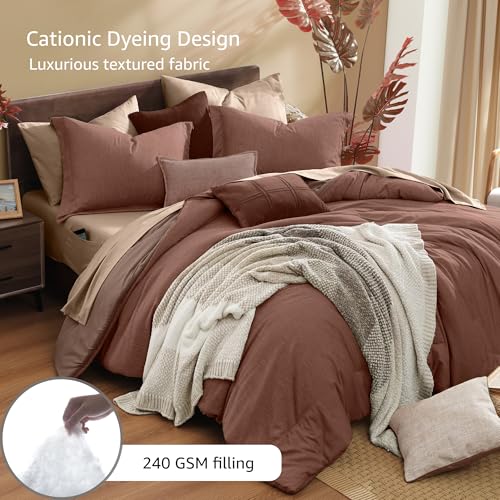 Queen Comforter Set 7 Pieces Terracotta Cationic Dyeing Bed in a Bag
