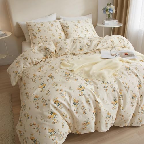 Garden Style Yellow Floral Comforter Set Twin XL Chic Flower Leaves Printed Girls Floral Bedding Set Fluffy Soft Microfiber Twin XL Comforter with 2 Pillowcases Vintage Floral Botanical Comforter Set