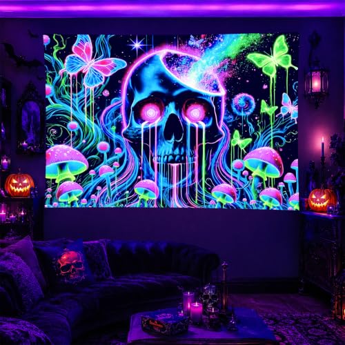 Blacklight Tapestry Skull Butterfly Room Decor 78 x 59 Inch