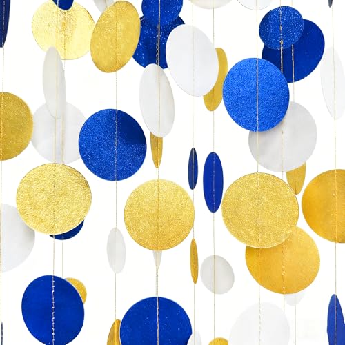 Royal Blue Gold White Party Polka Dot Garland Dark Blue Glitter Gold White Hanging Paper Circle Dots Streamer for Birthday Graduation Wedding Shower Retirement Nautical Party Decorations Supplies