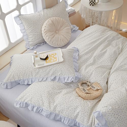 King Comforter Set Blue Floral Comforter King Vintage Floral Bedding Comforter Boho Ruffle Comforter Set Cottagecore Flower Botanical Comforter with 2 Pillowcases Fluffy Soft Comfy Comforter Set