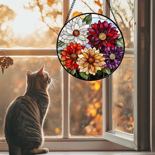 Stained Glass Window Hanging Color Dahlia Suncatcher Gifts for Women 9.8"