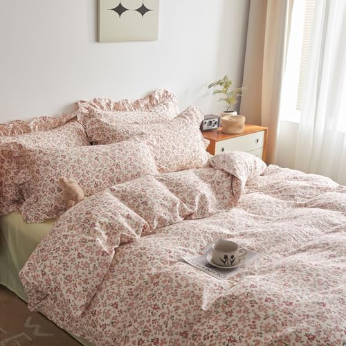 Pink Flower Comforter Set Queen Floral Printed Aesthetic Bedding Set Vintage Garden Style Floral Comforter with 2 Pillowcases Girls Cute Flower Botanical Bedding Queen Bed Comforter Set