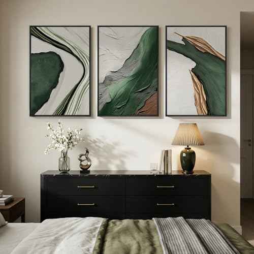 Large Framed Green White Abstract Wall Art for Living Room (3 Count)