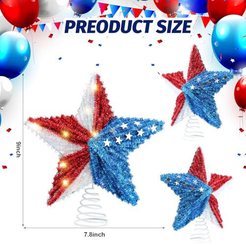 4th of July Star Tree Topper 250 Anniversary 9'' Independence Day Tree Decoration 3D Star Topper with Lights Party Decoration for 4th of July Holiday Outdoor Party Gift