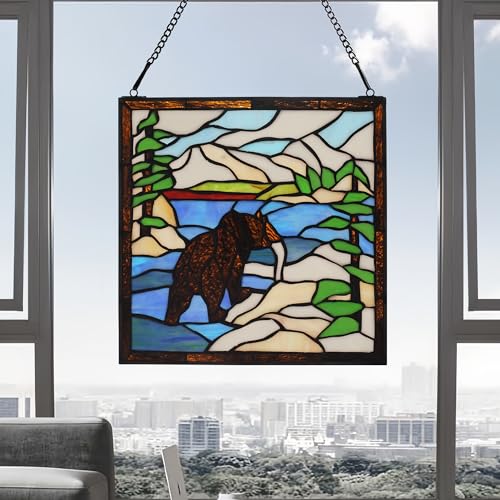 Stained Glass Window Hanging 12" Square Tiffany Animal Style Brown Bears Suncatcher Wall Decor Art Panel Includes 20" Chain and Hooks The Perfect Housewarming Gift
