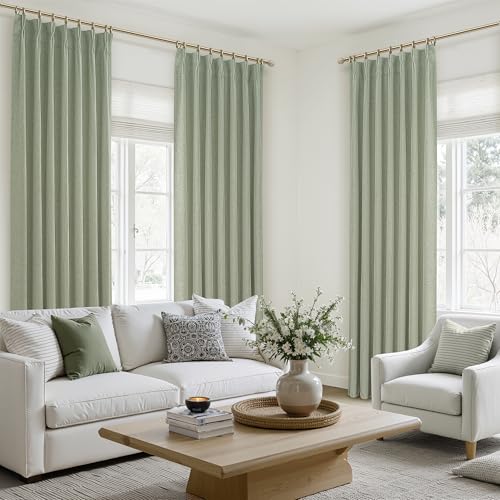 Sage Green Blackout Linen Curtains 90 Inches Long for Living Room Bedroom (2 Count)