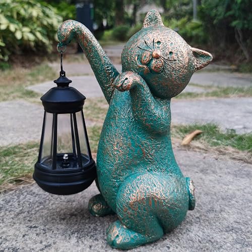 Cat Garden Statue Outdoor Décor with Solar Lights Lantern
