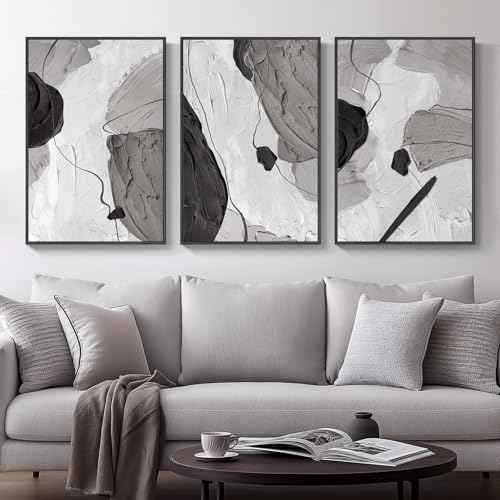 Large Framed Black and White Abstract Wall Art for Living Room (3 Count)