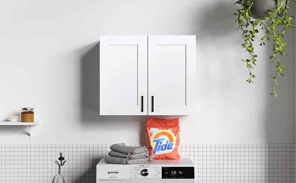 White Laundry Room Cabinets and Storage with 2 Doors and Utility Adjustable Shelf