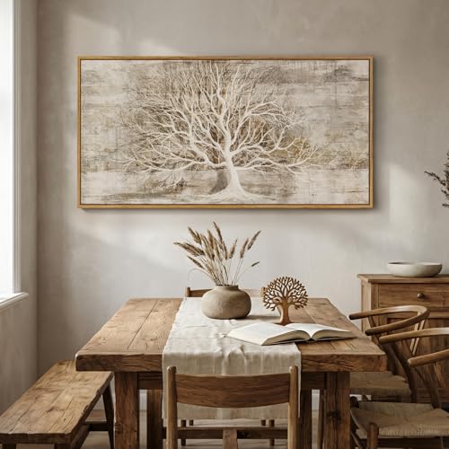Large Framed Neutral Tree of Life Wall Art for Living Room