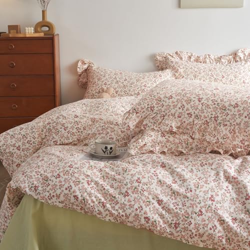 Pink Flower Comforter Set Queen Floral Printed Aesthetic Bedding Set Vintage Garden Style Floral Comforter with 2 Pillowcases Girls Cute Flower Botanical Bedding Queen Bed Comforter Set