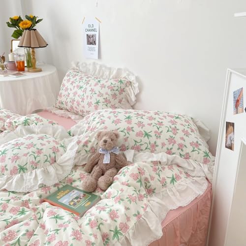 Queen Comforter Set Romantic Ruffle Pink Floral Bedding Comforter with 2 Pillowcases Vintage Botanical Flowers Comforter Set Farmbouse Cottagecore Bedding Ruffle Comforter for All Seasons