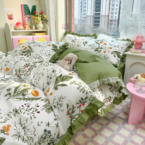Green Floral Comforter Set King Romantic Ruffle Comforter Vintage Botanical Flowers Comforter with 2 Pillowcases Boho Floral Lace Coquette Bedding Fluffy Comfy Farmhouse King Bed Comforter Set