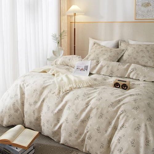 Vintage Boho Floral Comforter Set Queen Soft Fluffy Beige Floral Bedding Comforter Set 1 Queen Comforter with 2 Pillowcases Garden Style Vintage Flower Botanical Comforter Set for All Seasons
