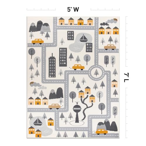Kids Play Road Cityscape Playroom Area Rug Cream 5' x 7'