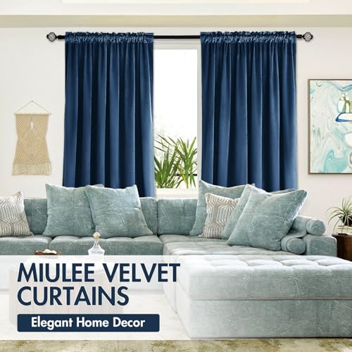 Navy Blue Blackout Velvet Curtains Drapes 96 Inch Long 52"x96" (2 Count)