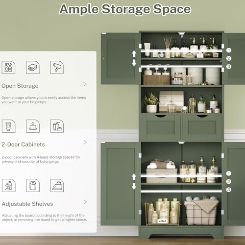 58" H Tall Bathroom Storage Cabinet with 2 Drawers & 2 Adjustable Shelves