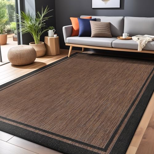 Bordered Outdoor Rug 9x12 Washable Outside Carpet for Indoor Patio Porch Waterproof Easy Cleaning Non Shedding Area Rugs Nut Brown 9 x 12