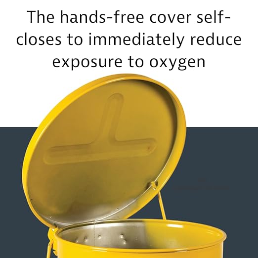 Justrite 6 Gallon Galvanized Steel Oily Waste Can, 16" x 12" Metal Oil Rag Safety Can With Foot Operated Self-Closing Lid for Oil Rag Disposal, Made in the USA, Yellow, 09101