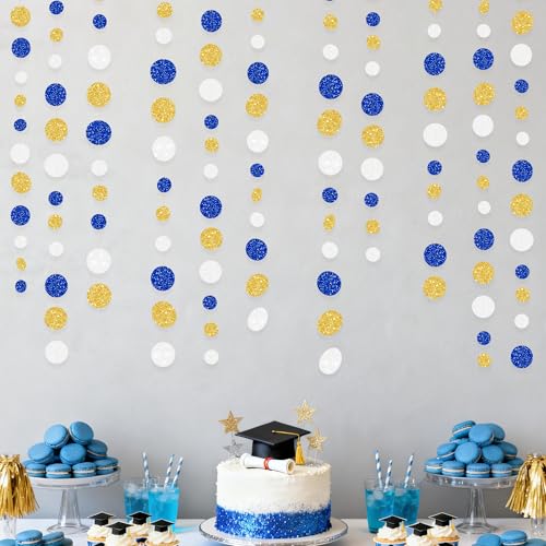 Royal Blue Gold White Party Polka Dot Garland Dark Blue Glitter Gold White Hanging Paper Circle Dots Streamer for Birthday Graduation Wedding Shower Retirement Nautical Party Decorations Supplies