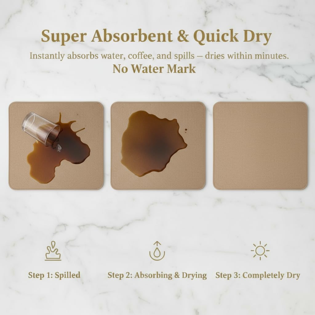 Dish Drying Mat Super Absorbent – 16" x 12" Coffee Mat for Countertops – Non-Slip Drying Mat for Kitchen Counter – Easy to Clean Water Absorbent Mat – Quick Dry Dish Drying Mats (Brown)