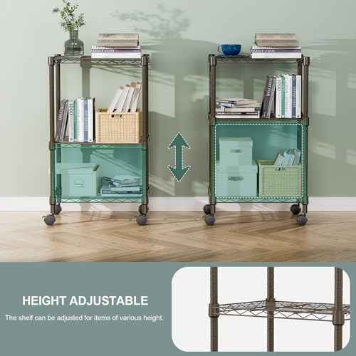 3 Tier Shelf Metal Storage Shelves Wire Rack Closet Organizers with Wheel for Garage Kitchen Bathroom Laundry Brown 11.8" D x 17.7" W x 29.8" H (3 Count)