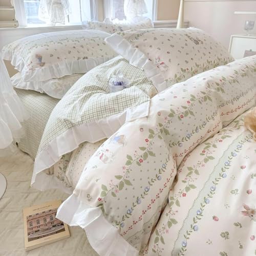 Botanical Floral Comforter Set Full Size Cute Flower Leaves Rabbit Pattern Comforter Reversible Green Plaid Comforter Girls Princess Bedding Set Lace Ruffle Comforter Set for Kids Teen Girls (3 Count)