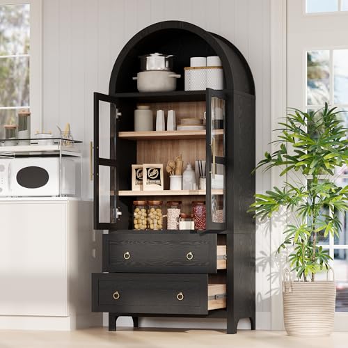 71" Arched Storage Cabinets with Glass Doors Farmhouse Kitchen Pantry