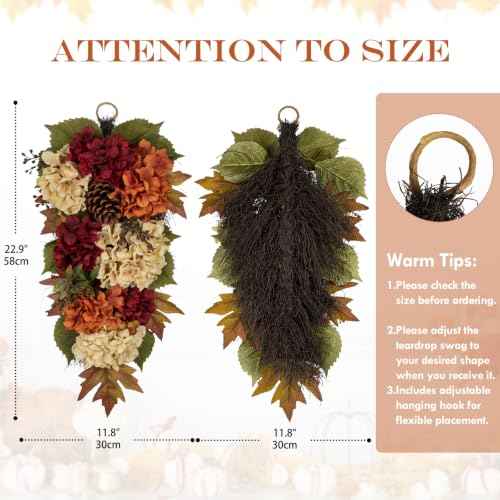 23" Fall Teardrop Swag Small Fall Hydrangea Wreath for Front Door Outside