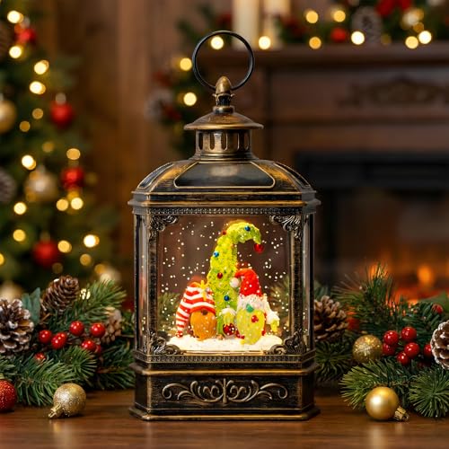 Musical Snow Globe Lantern Lighted Whimsical Christmas Tree & Gnomes Scandinavian Santa Elf Water Lantern with Swirling Glittering Home Decoration and Gift