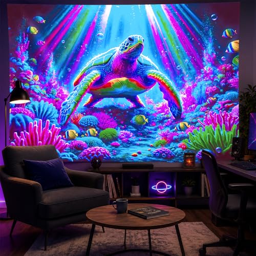 Blacklight Tapestry Sea Turtle Neon Wall Art 78 x 59 Inch