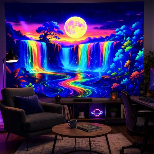 Blacklight Tapestry Forest Waterfall Neon Decor 78 x 59 Inch