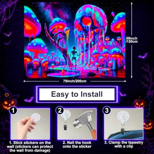 Blacklight Tapestry Skull Mushroom Neon Decor 78 x 59 Inch