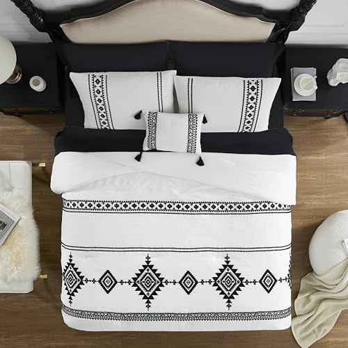 Embroidery Full Size Comforter Set 7 Pieces White Bed in a Bag