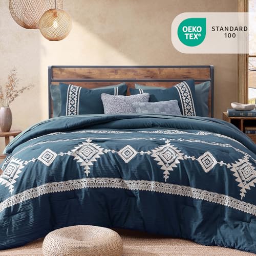 Embroidery Queen Comforter Set 7 Pieces Navy Blue Bed in a Bag
