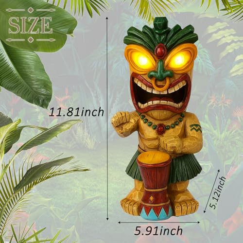 Solar Tiki Garden Statue with LED Eyes Outdoor Polynesian Drummer Hawaiian Party Decor Solar Light Ornament for Patio Porch Lawn or Tiki Lover Best Gifts for Tiki Lovers