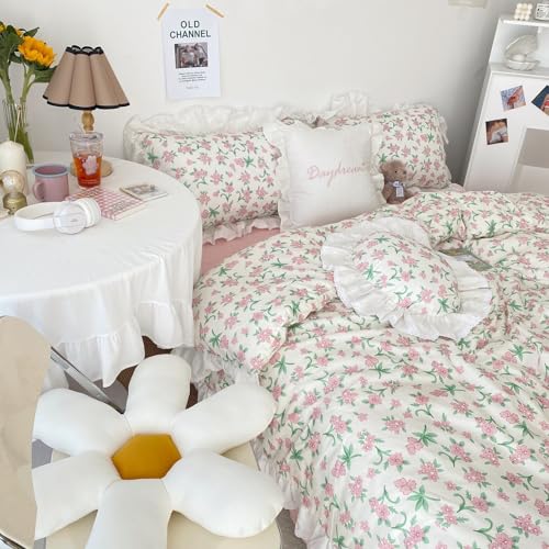 Queen Comforter Set Romantic Ruffle Pink Floral Bedding Comforter with 2 Pillowcases Vintage Botanical Flowers Comforter Set Farmbouse Cottagecore Bedding Ruffle Comforter for All Seasons