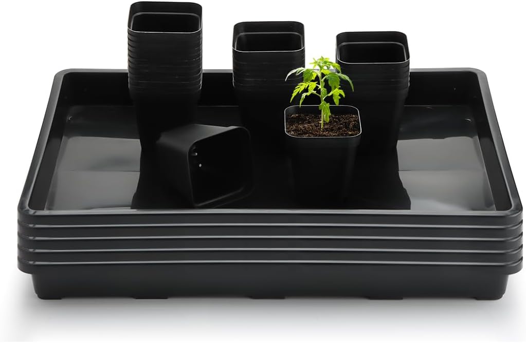 2.8 inch (7CM) Square Nursery Pots 120pcs with 5 Pack Seed Starter Trays, Durable Plastic Flat Seedling Tray (17"x11"x2") for Carrying and Holding Plant Nursery Pot (Black)