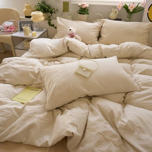 Tan Gingham Comforter Set Full Romantic Lace Style Beige Taupe Plaid Comforter Set 3 Pieces Vintage Checkered Grid Comforter with 2 Pillowcases Fluffy Soft Farmhouse Gingham Bedding Set