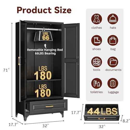 71" Tall Wardrobe Closet with Doors and Adjustable Shelves