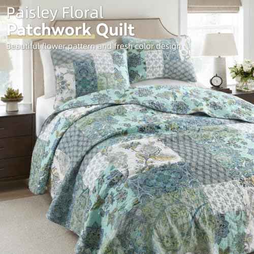 3 Piece Quilt Set Queen Size Patchwork Paisley Turquoise Floral