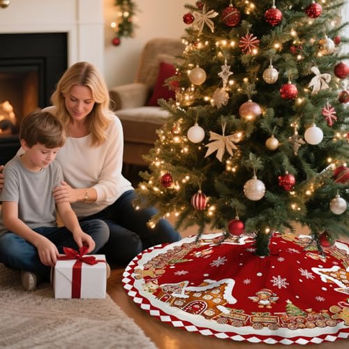 Red Gingerbread Christmas Tree Skirt Decorations House Decor Christmas Gingerbread Tree Ornaments Holiday Party Indoor Outdoor Xmas Trees Mat 36 inches