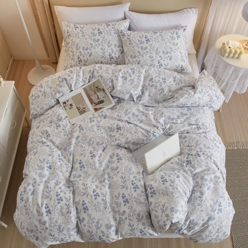 Vintage Flower Comforter Set King Blue Floral Bedding Comforter Cottagecore Flower Botanical Comforter Set Fluffy Soft Coquette Bedding King Size Lightweight Boho Floral Comforter with 2 Pillowcases (3 Piece Set)